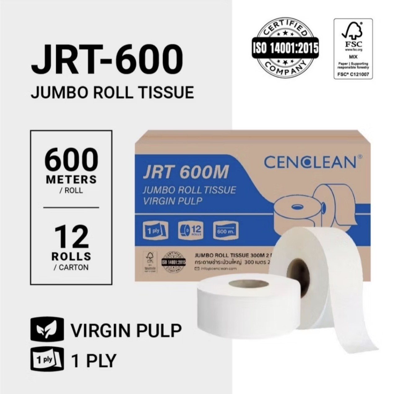กระดาษชำระม้วนใหญ่ CENCLEAN JRT-600 1 ชั้น 600 เมตร 12 ม้วน ราคาส่ง