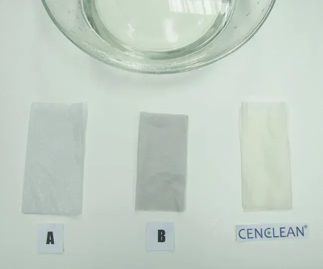 ผลการทดสอบด้วยน้ำ เปรียบเทียบกระดาษ CENCLEAN กับแบรนด์ A และแบรนด์ B